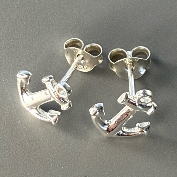 Sterling Silver Dainty Anchor Stud Earrings - Picture 7 of 9